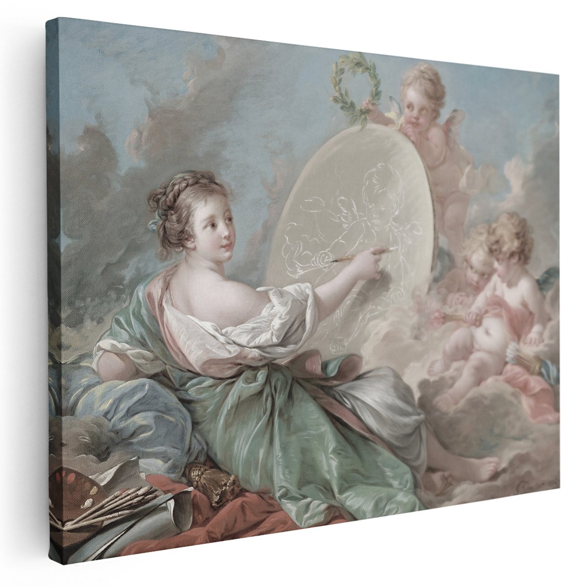Artaza Canvas Schilderij Muze Met Putti - 160x120 cm - Groot - Wanddecoratie Barok Schilderkunst - Muurdecoratie Engelen - Schilderijen Klassiek