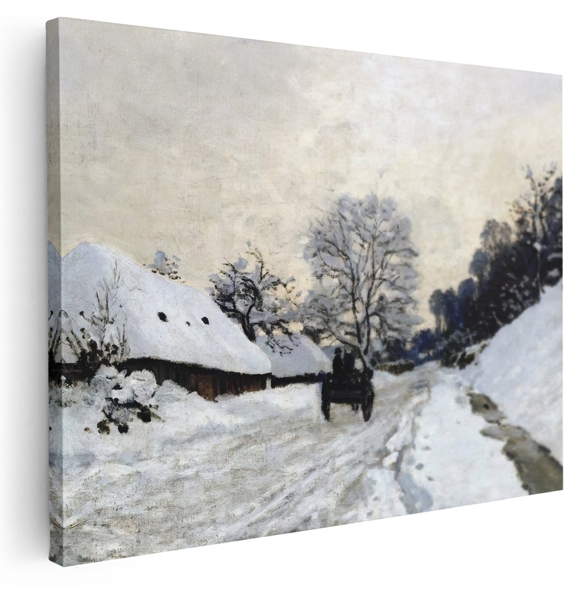 Artaza Canvas Schilderij Monet Schilderij - 160x120 cm - Groot - Wanddecoratie Winter - Muurdecoratie Besneeuwde Boerderij - Schilderijen Op Canvas