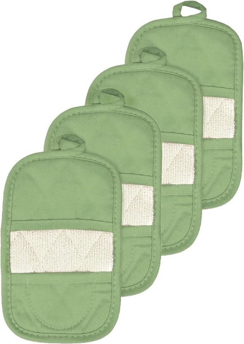 4-delige Ovenwant & Pannenlap Set - 100% Katoen Badstof - Dubbele Functie - Cactus Groen