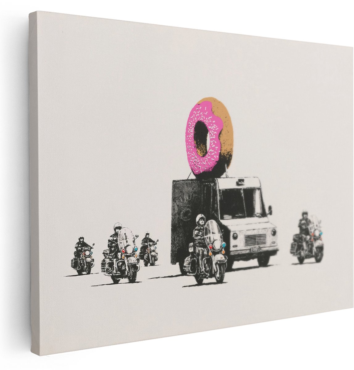 Artaza Canvas Schilderij Donut Truck - 160x120 cm - Groot - Wanddecoratie Banksy Street Art - Muurdecoratie Motor Politie - Decoratie Popart Roze