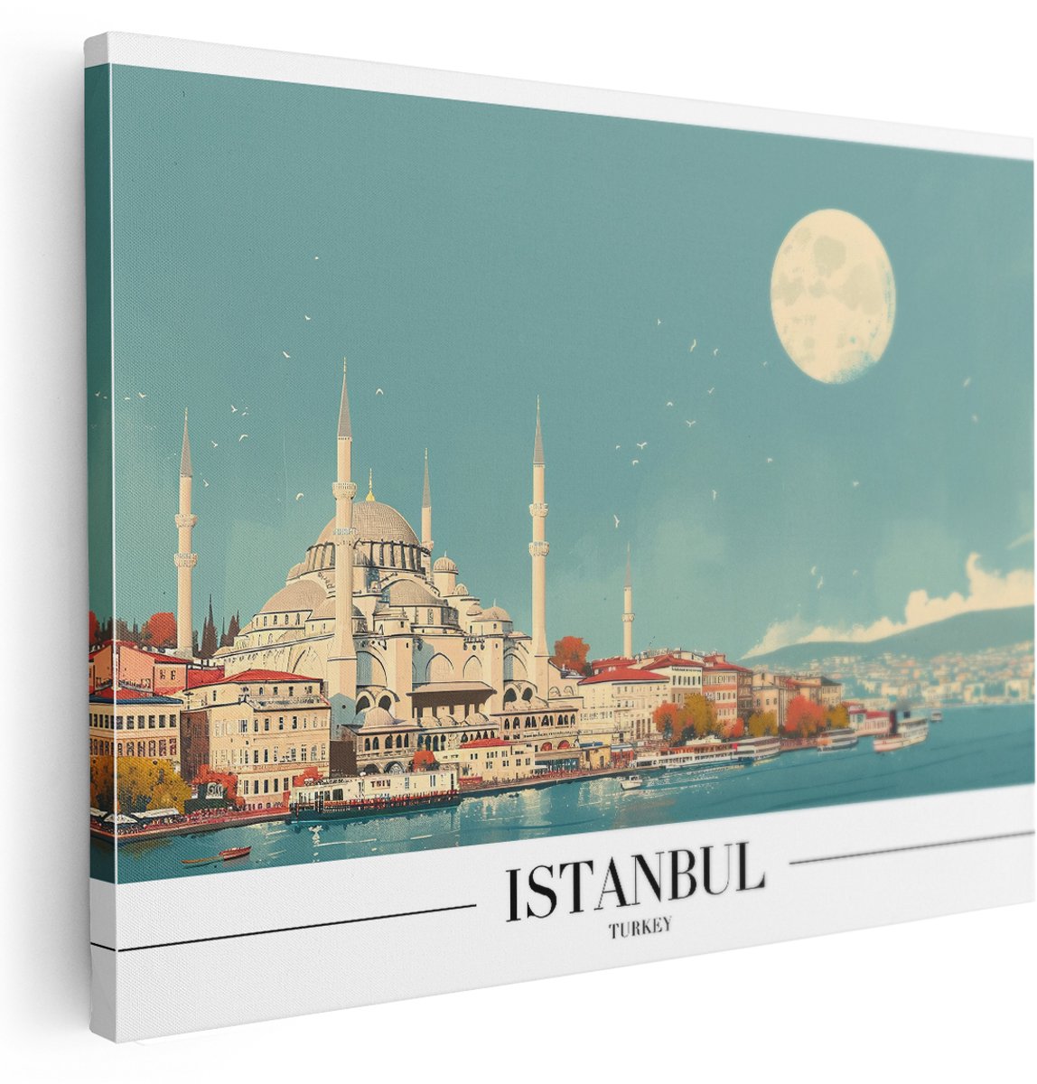 Artaza Canvas Schilderij Skyline Istanbul - 160x120 cm - Groot - Wanddecoratie Moskee Turkije - Muurdecoratie Maan - Vintage Schilderijen Op Canvas