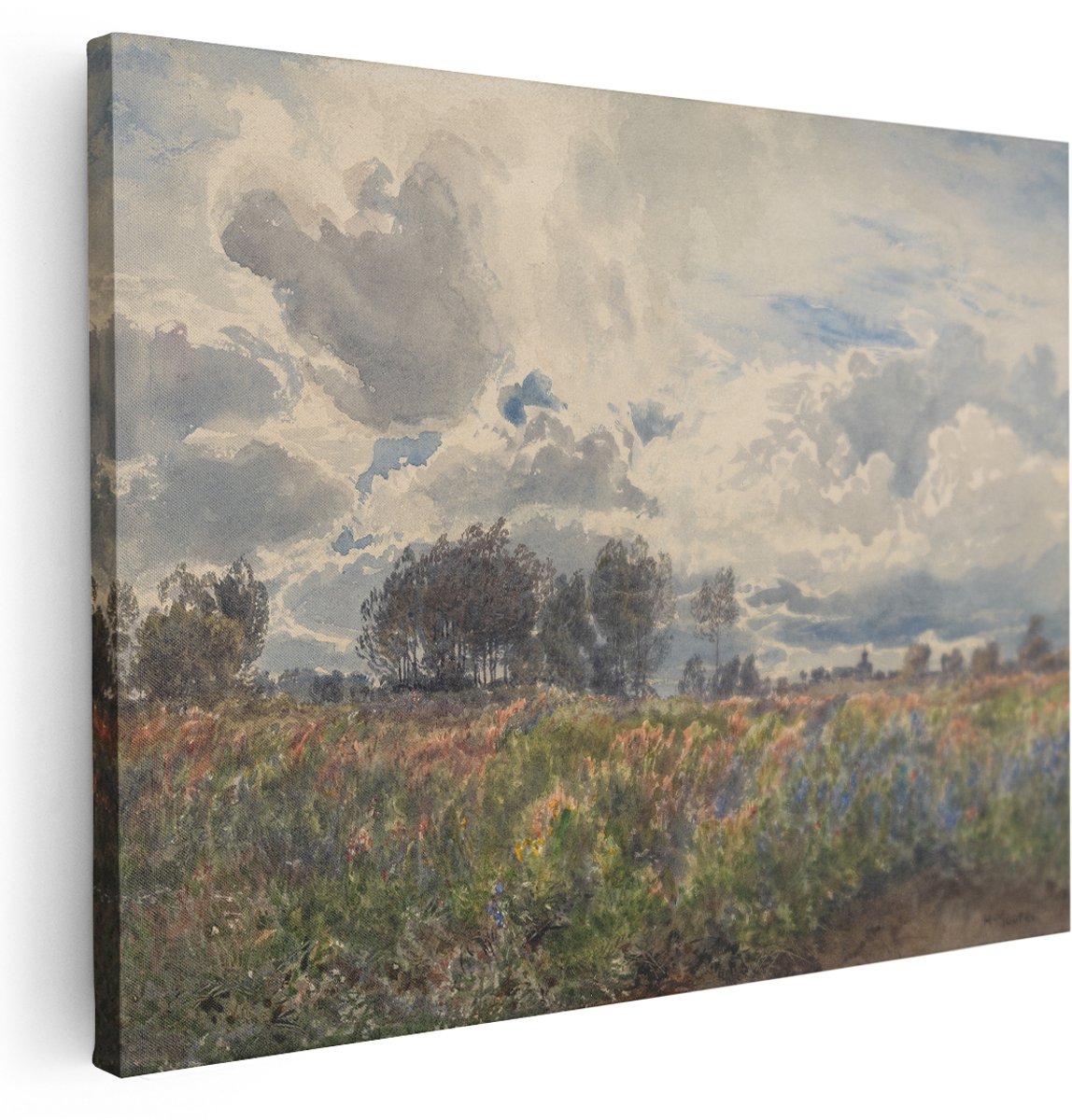 Artaza Canvas Schilderij Landschap - 160x120 cm - Groot - Wanddecoratie Bloemenweide - Muurdecoratie Natuur - Decoratie Aquarel - Kamer Accessoires