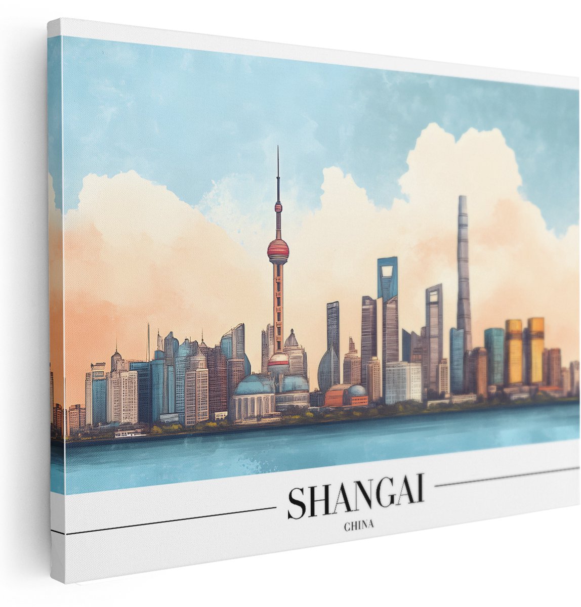 Artaza Canvas Schilderij Shanghai China - 160x120 cm - Groot - Oosterse Wanddecoratie Skyline - Muurdecoratie Wolkenkrabbers - Kamer Accessoires Stad