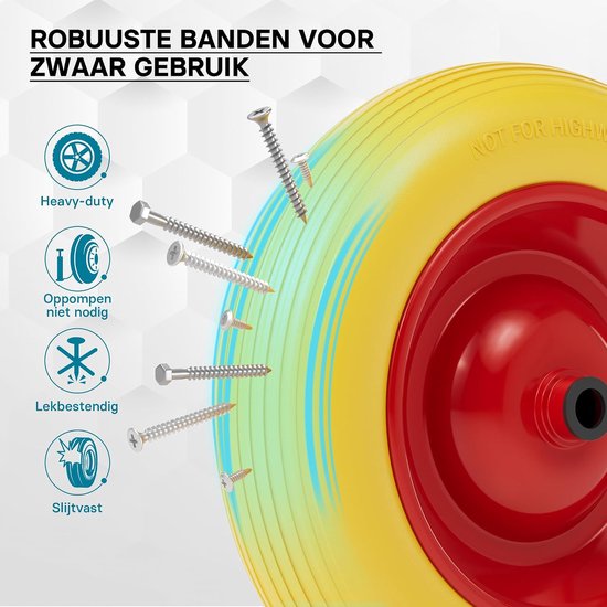 Kruiwagenwiel Massief - PU Wiel - Materiaal Transport - Lekvrij Polyurethaan - 4.00-8 180kg - Geel Rood — afbeelding 5
