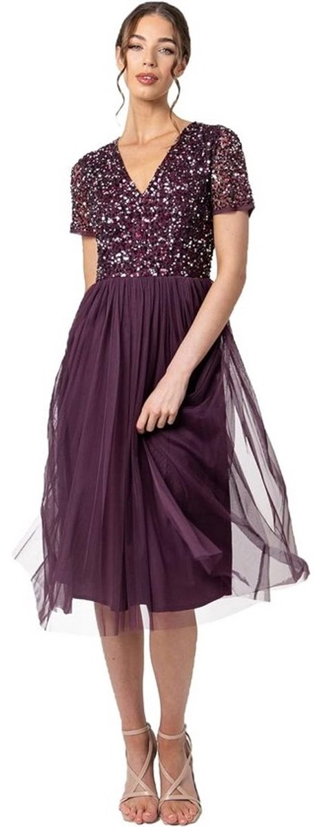Elegante Dames Midi Jurk Roze Pailletten V-hals voor Bruiloft Gast of Gala