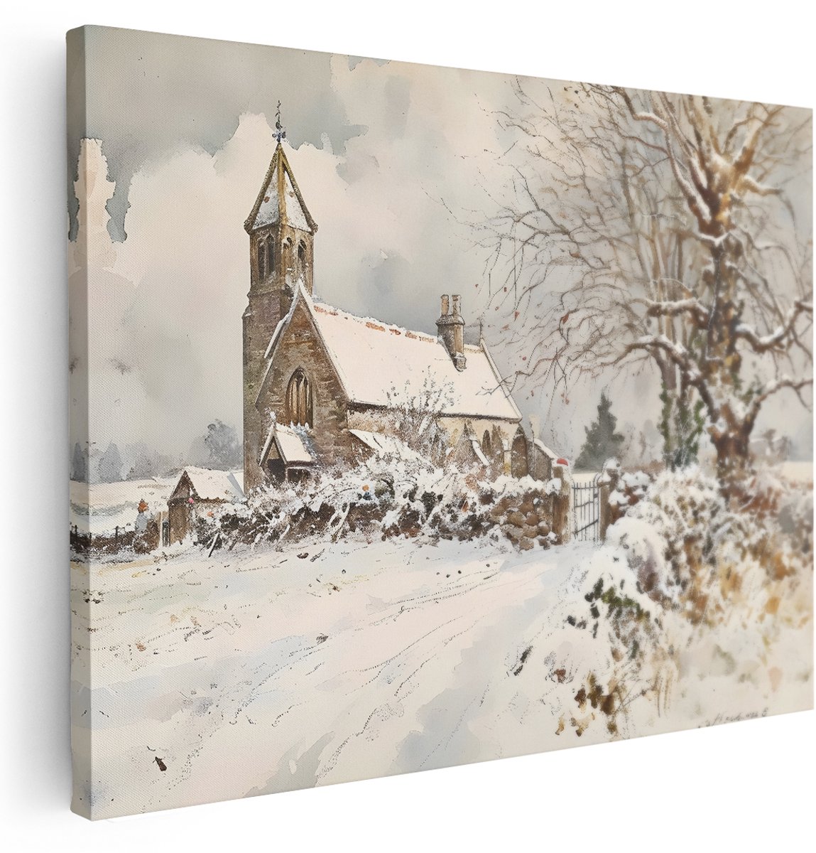 Artaza Canvas Schilderij Kerkje In Sneeuw - 160x120 cm - Groot - Wanddecoratie Winter - Muurdecoratie Landelijk - Schilderijen Op Canvas