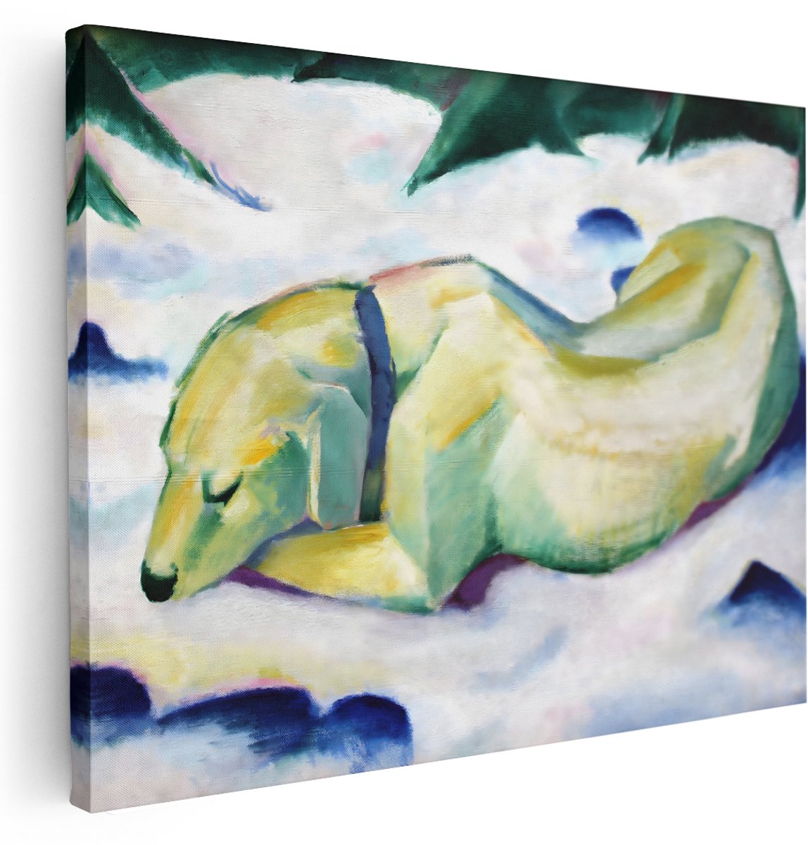 Artaza Canvas Schilderij Slapende Hond - 160x120 cm - Groot - Wanddecoratie Winterlandschap - Muurdecoratie Franz Marc - Decoratie Kamer Accessoires
