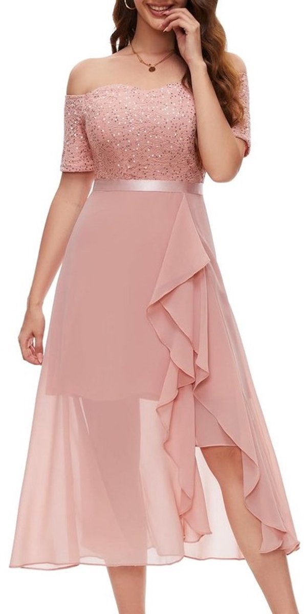 Lange avondjurk met glitter off-shoulder elegante baljurk