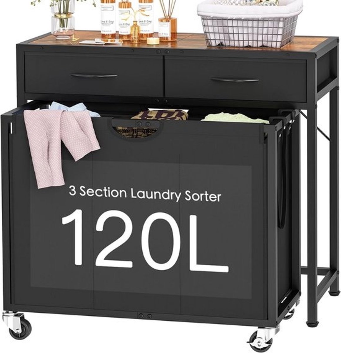 Wassorteerder met Wielen - Roller Wasmand Organizer - Was Sorteren en Opbergen - 3 Secties Uittrekbare Zakken - 80x32x76 cm