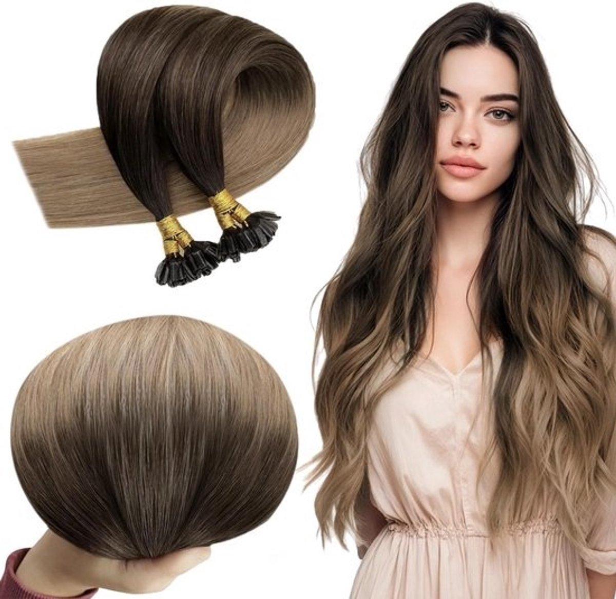 Echte Keratine Haarextensions U-Tip Donkerbruin naar Lichtbruin Highlights 50cm