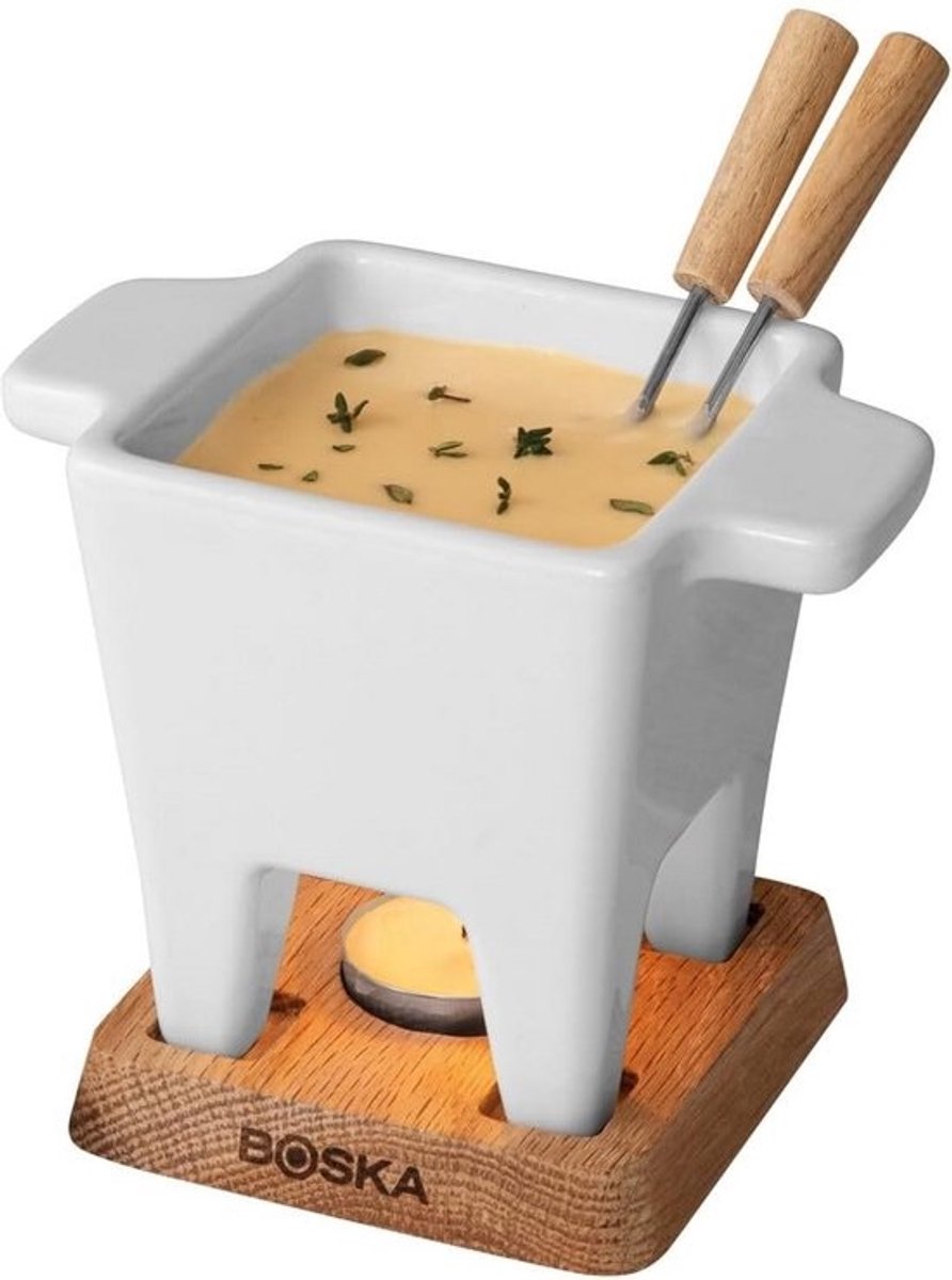 Compact Kaasfondue Set Wit - Keramische Pan op Houten Basis voor 2 Personen