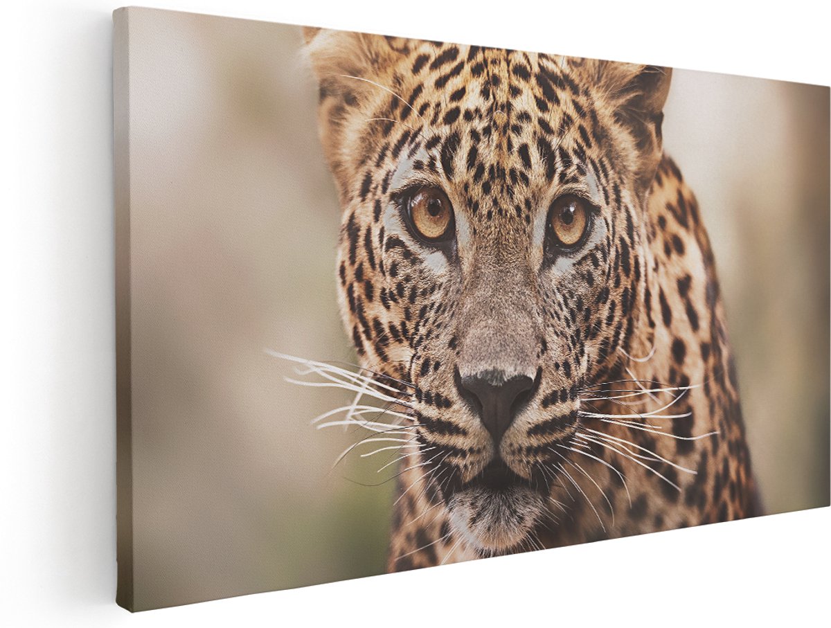 Artaza Canvas Schilderij Luipaard Van Dichtbij Met Grote Ogen - 160x80 cm - Groot - Wanddecoratie Woonkamer - Schilderijen - Muurdecoratie