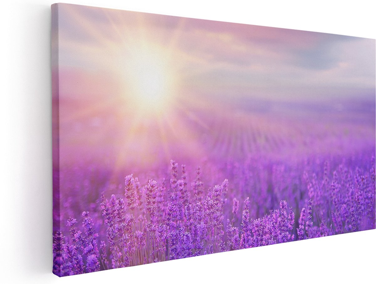 Artaza Canvas Schilderij Bloemenveld Met Paarse Lavendel - 160x80 cm - Groot - Wanddecoratie Woonkamer - Schilderijen - Muurdecoratie