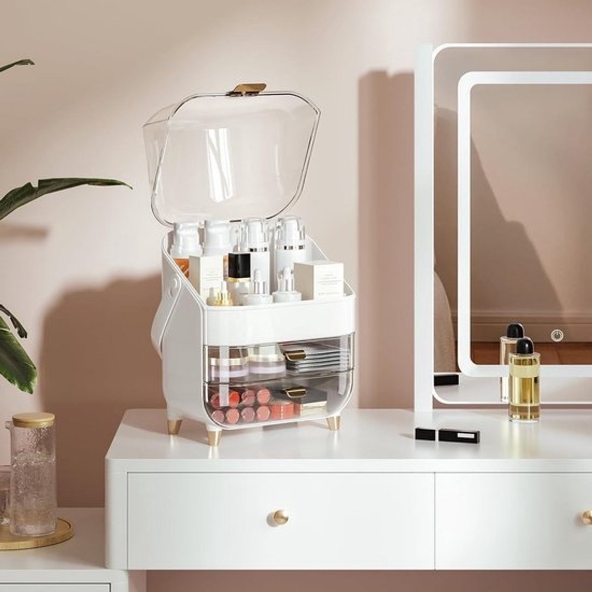 Make-uporganizer met deksel en 2 laden, stofdichte waterdichte opbergdoos voor cosmetica, huidverzorging en sieraden - lichtgroen