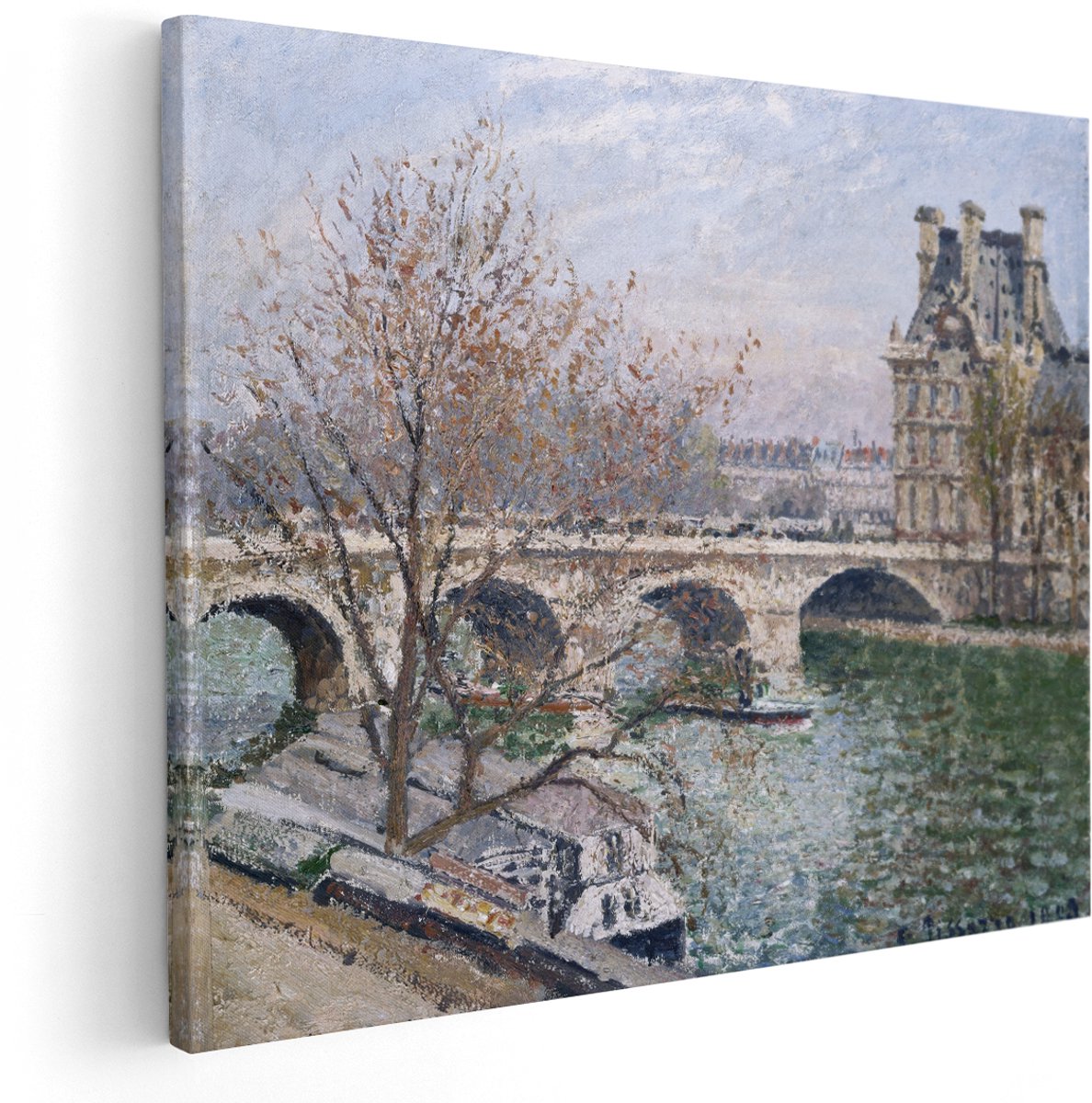 Artaza Canvas Schilderij Schilderij Parijs Pissarro - 150x120 cm - Groot - Wanddecoratie Pont Neuf - Muurdecoratie Seine - Klassieke Schilderijen Woonkamer