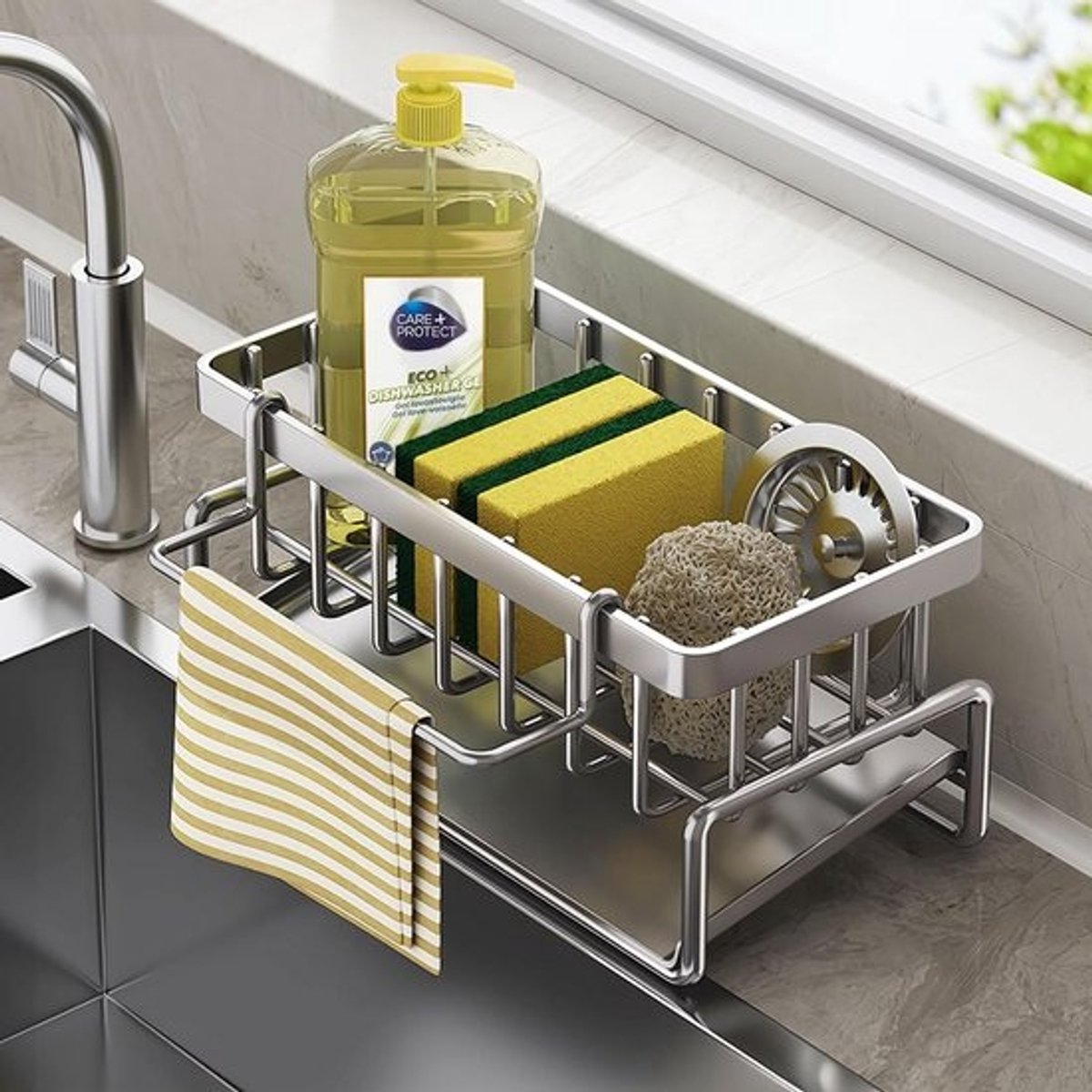 Spoelbak Organizer met Uithangbak - Keukenopbergsysteem voor Spons, Vaatdoek en Houders - RVS Look