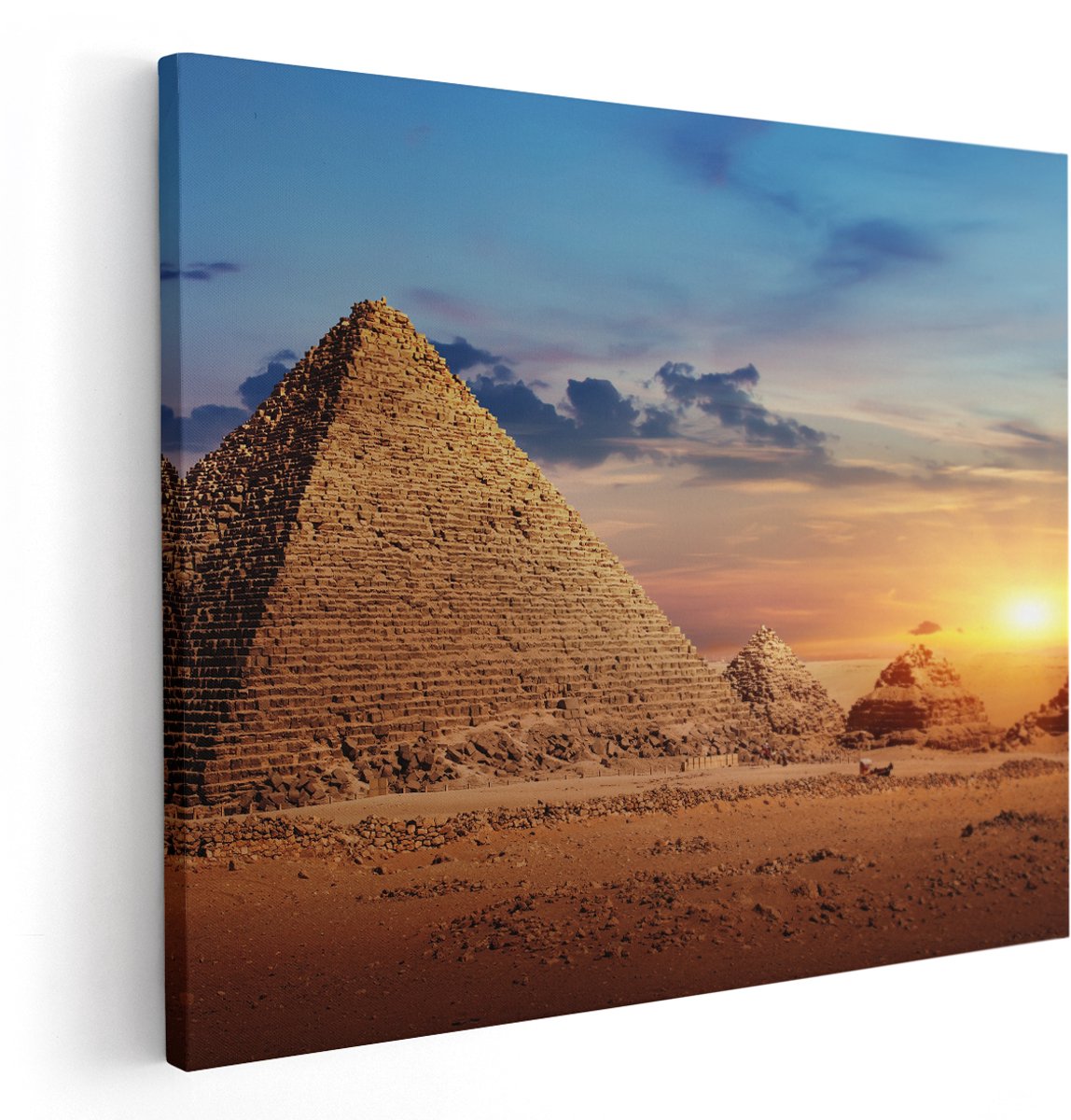 Artaza Canvas Schilderij Egyptische Piramides in de Woestijn - 150x120 cm - Groot - Wanddecoratie Woonkamer - Schilderijen - Muurdecoratie