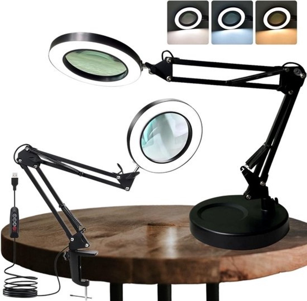 Vergrootglas met Licht en Standaard, 10x Vergroting, USB LED Bureaulamp Dimbaar