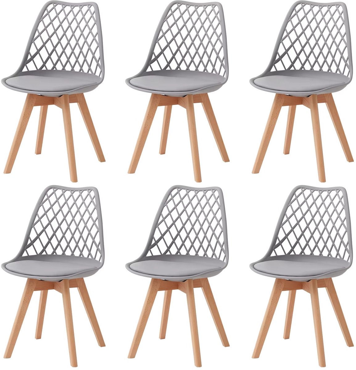 Whoopr® Set van 6 Eetkamerstoelen – Moderne Gestoffeerde Stoelen met Mesh Rugleuning & Massief Houten Poten – Comfortabele Keukenstoelen voor Eetkamer, Woonkamer & Café Grijs