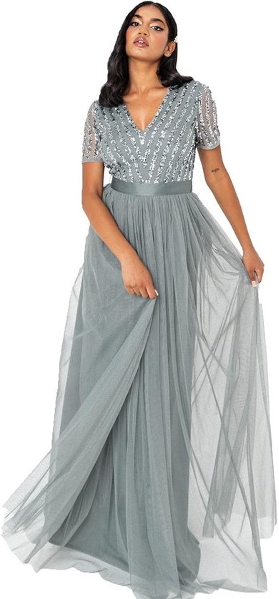 Elegante Bruidsmeisjesjurk Maxi Taupe met Korte Mouw en Strikdetail | Gala- en Avondjurk Dames