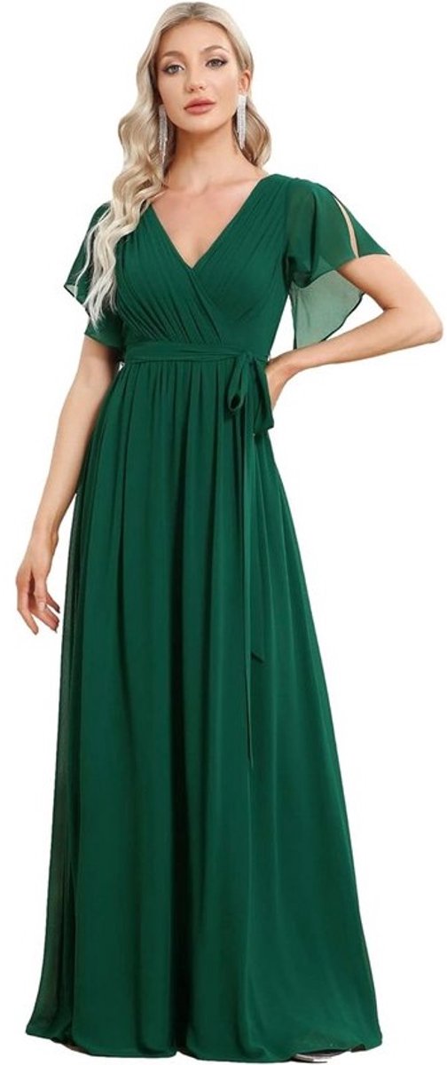 Lange chiffon jurk met v-hals en korte mouwen