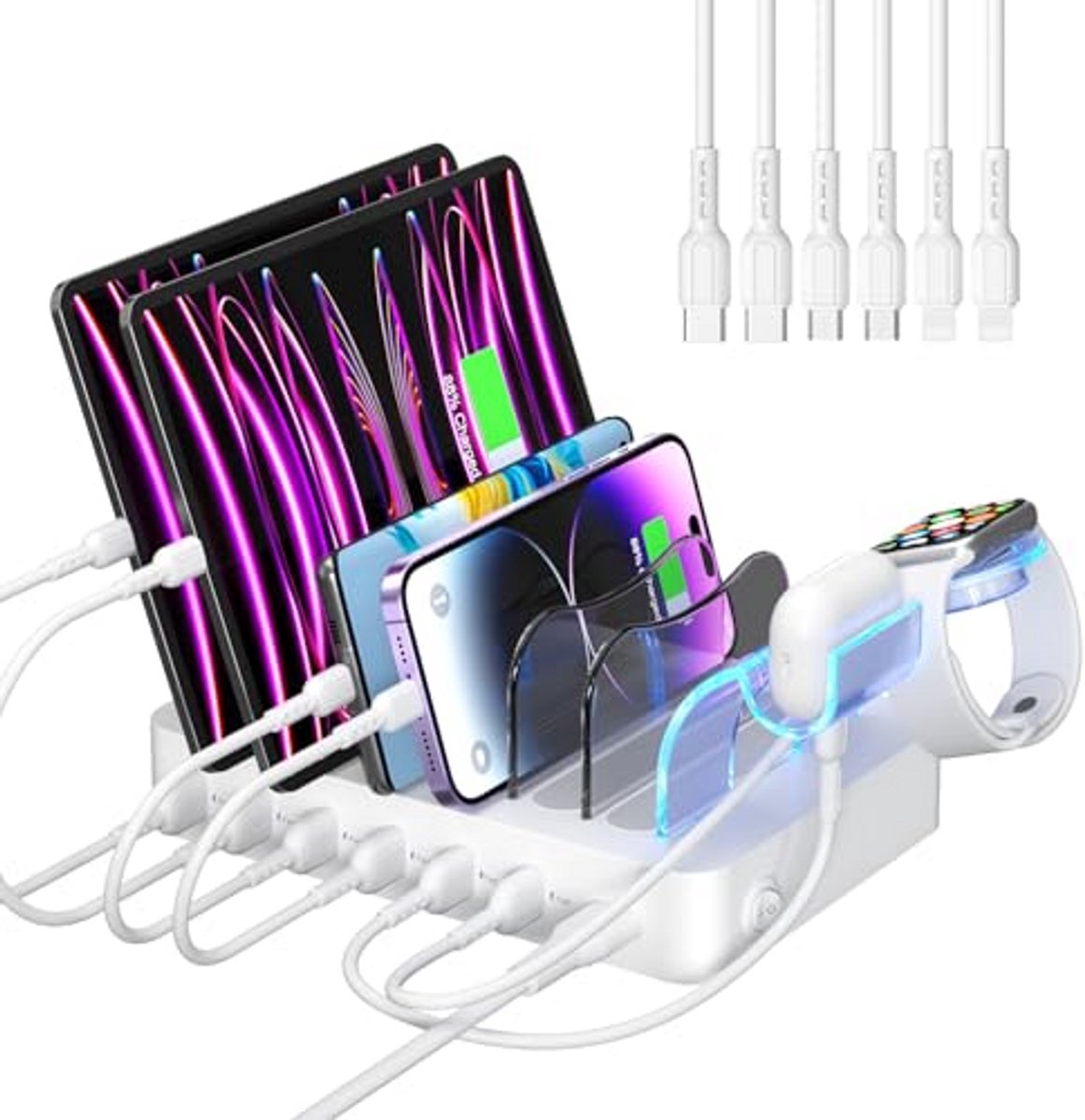 USB Oplaadstation 6 Poorten 50W met Kabels, Laaddock Organizer voor Telefoon, Tablet, Smartwatch en Elektronica