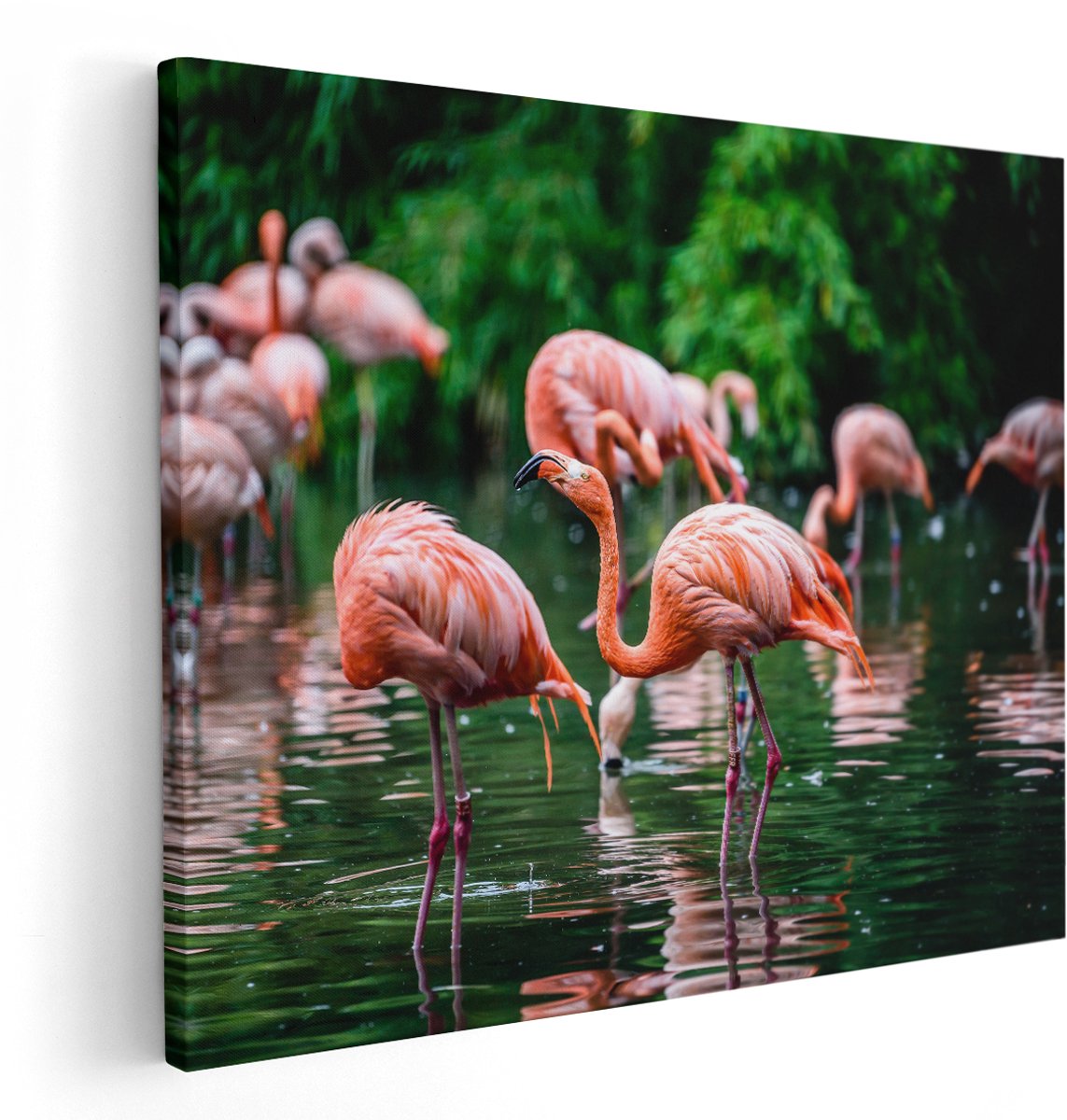 Artaza Canvas Schilderij Kudde Flamingo's in de Jungle in het Water - 150x120 cm - Groot - Wanddecoratie Woonkamer - Schilderijen - Muurdecoratie