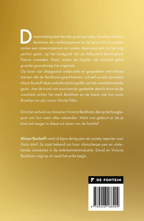 Boekomslag met titel De Beckhams en tekst over David en Victoria Beckham en hun familie.