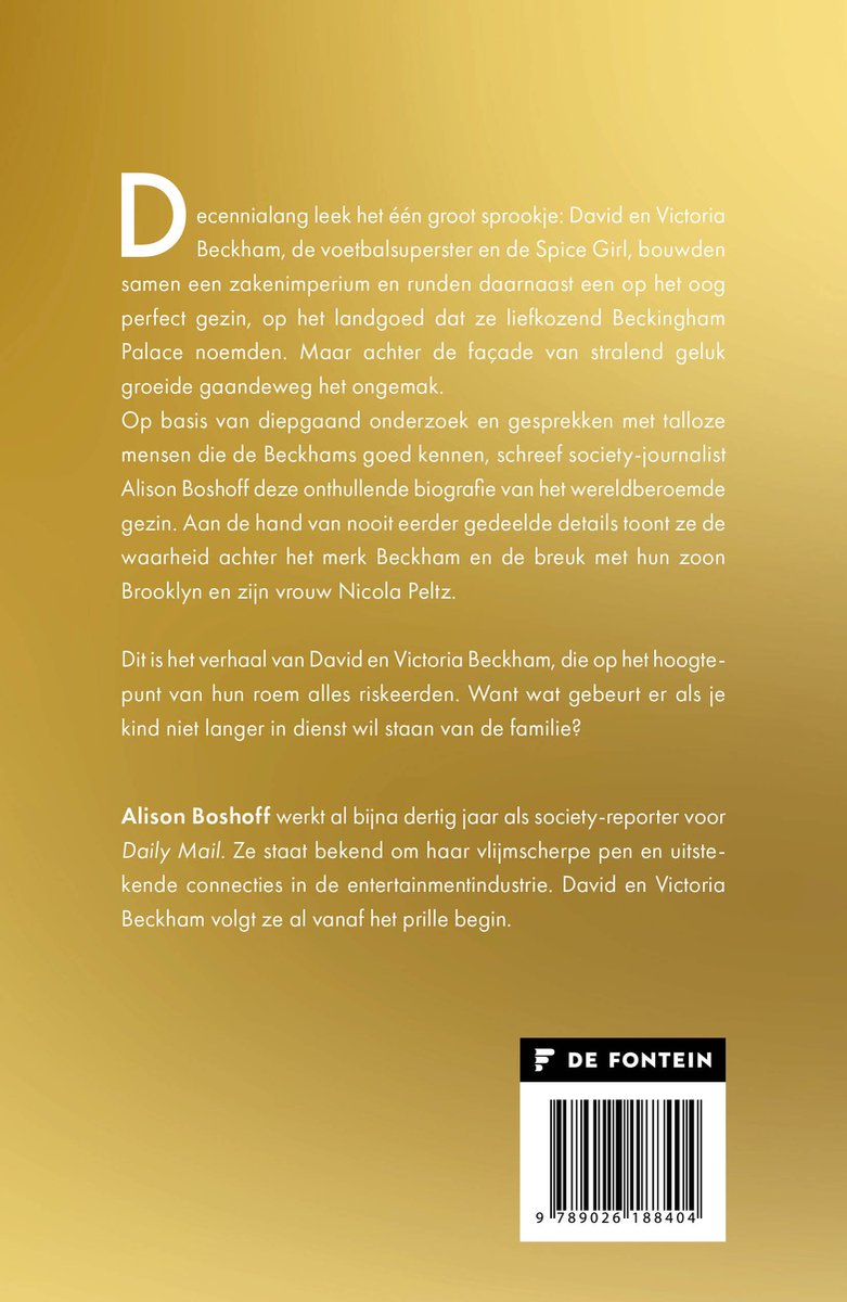 Boekomslag met titel De Beckhams en tekst over David en Victoria Beckham en hun familie.