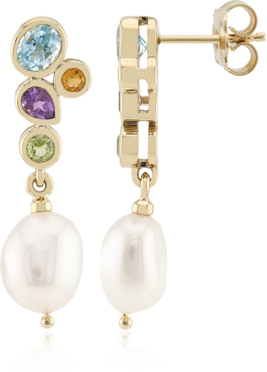 Cavill - Oorbellen 925 Sterling Zilver Verguld - Witte Zoetwaterparels 10x8 mm - Hemelsblauwe Topaas 0,88 ct - Elegante Edelsteen Sieraden