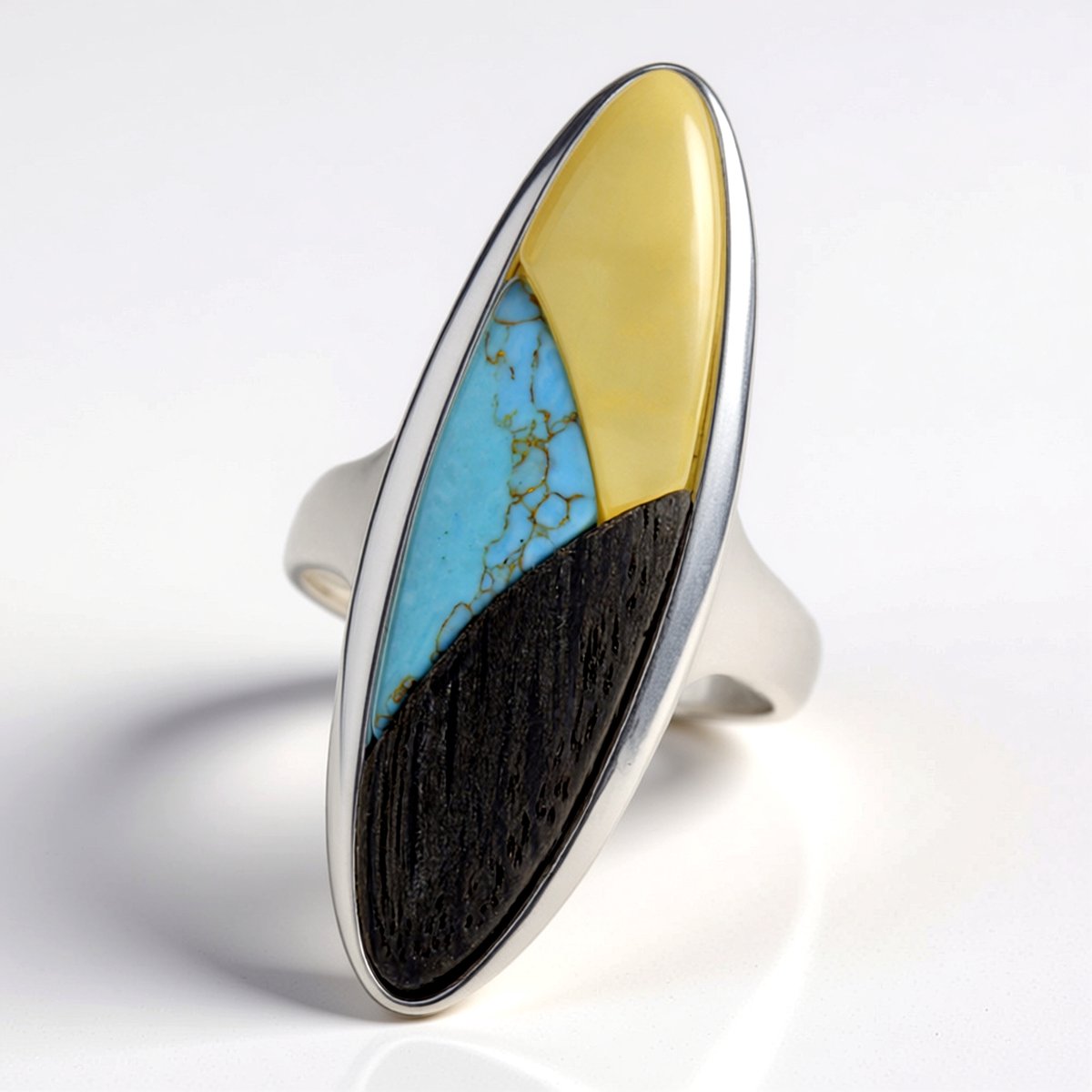 Cavill - Sterke Zilveren Ring 925 Sterling - Veeneik, Turkoois & Baltische Barnsteen Cabochon - 4,425 ct - Moderne Natuurlijke Kleuren