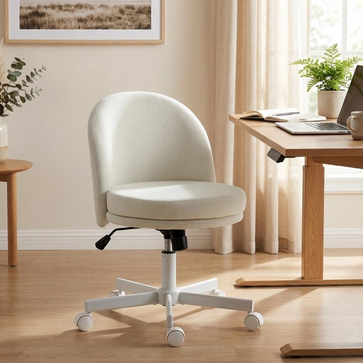DESMIU Bureaustoel 57 X 58 X 83 Cm - Verstelbare Zithoogte, Wippfunctie En 360° Draaibaar - Voor Thuiswerk En Schminkhoek - Metaal - Cream White