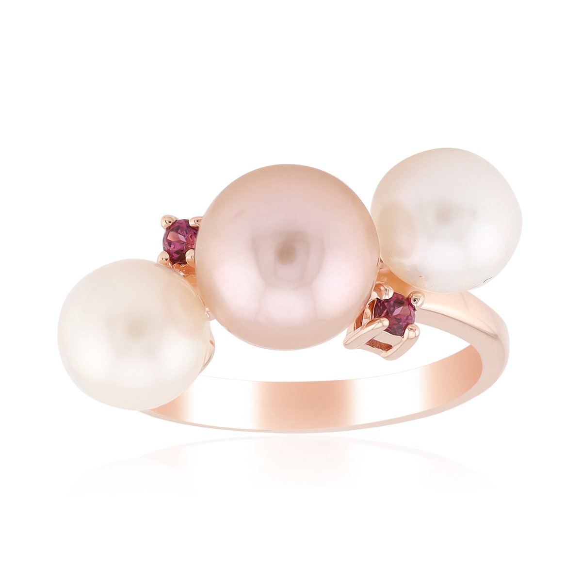 Cavill - 925 Sterling Zilver Ring - Roségoud Verguld - Paarse Ming Parel 8mm - Japanse Akoya Parels - Braziliaanse Rhodoliet 0,086ct - Elegant
