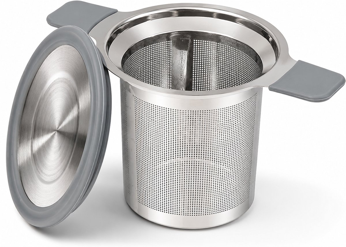 Theefilter met deksel - RVS 304 - Fijnmazig - Grijs