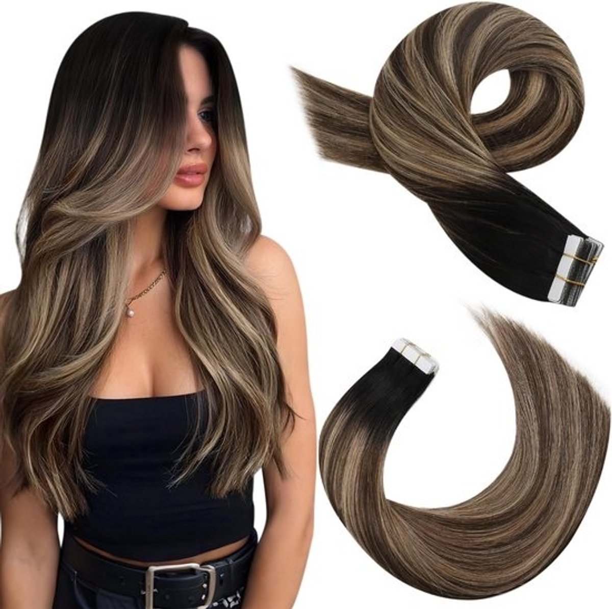 Tape in Extensions Echt Menselijk Haar Balayage Zwart naar Donkerbruin 45cm