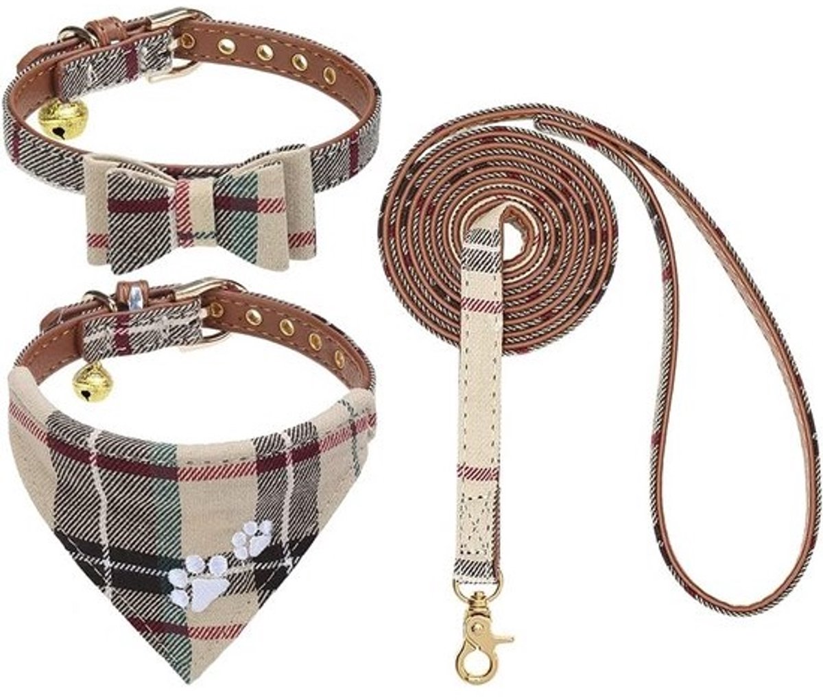 Set hondenhalsband en riem - Klassieke geruite hondenvlinderdas en pootafdruk bandana met bel voor puppy's en kleine honden