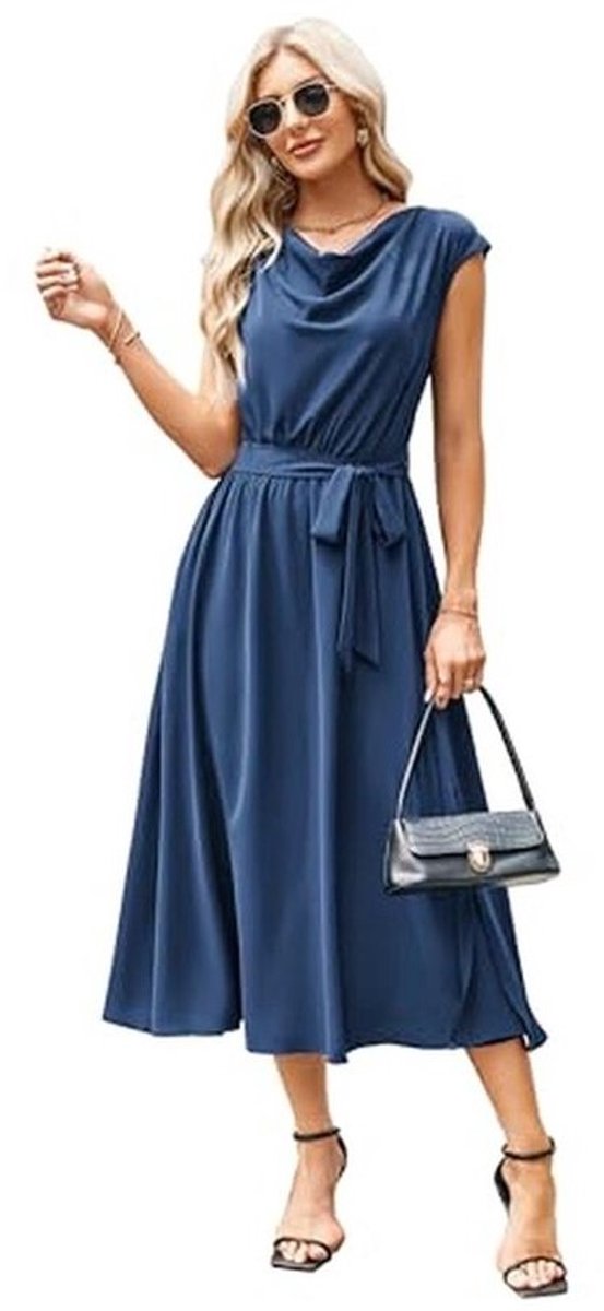 Elegante midi-jurk met ronde hals en ceintuur voor dames, ideale keuze voor speciale gelegenheden
