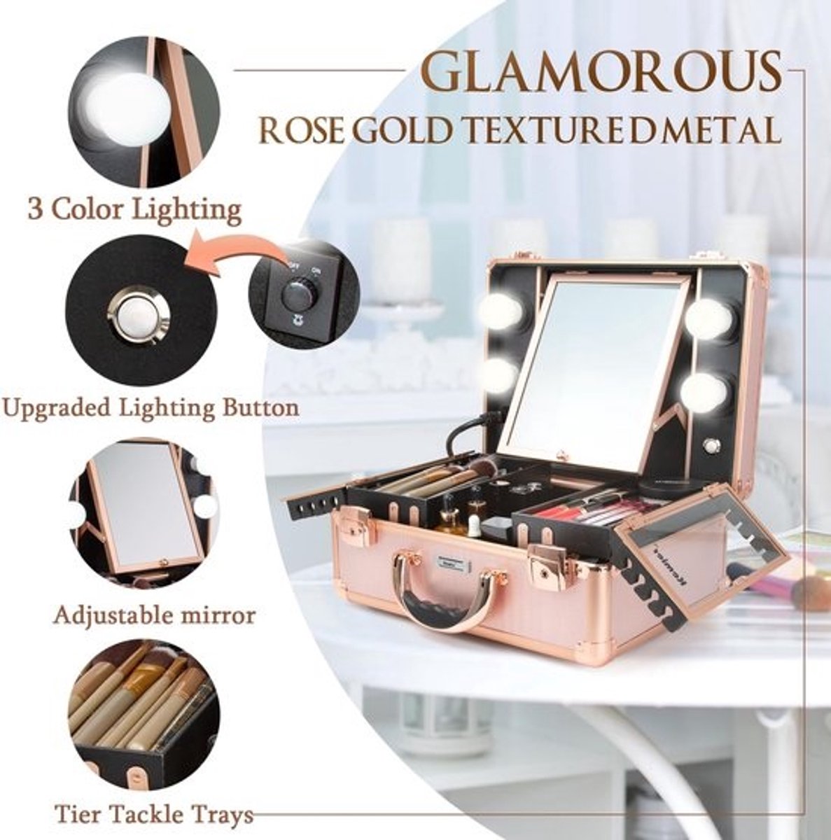 Professionele Make-up Koffer met Verlichting en Spiegel en Verdelers