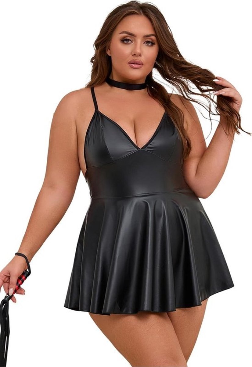 Sexy Wet Look PU Mini Jurk Plus Size met Diepe V-Hals en Losse Kraag