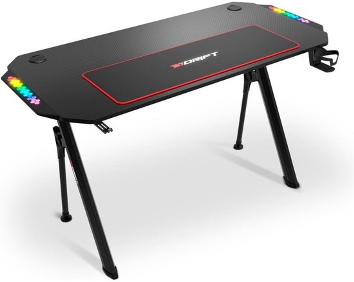 Gaming Bureau 130x60 cm met RGB-Verlichting, Carbonvezel Afwerking, Muismat 80x30 cm, Koptelefoon- en Bekerhouder - Zwart