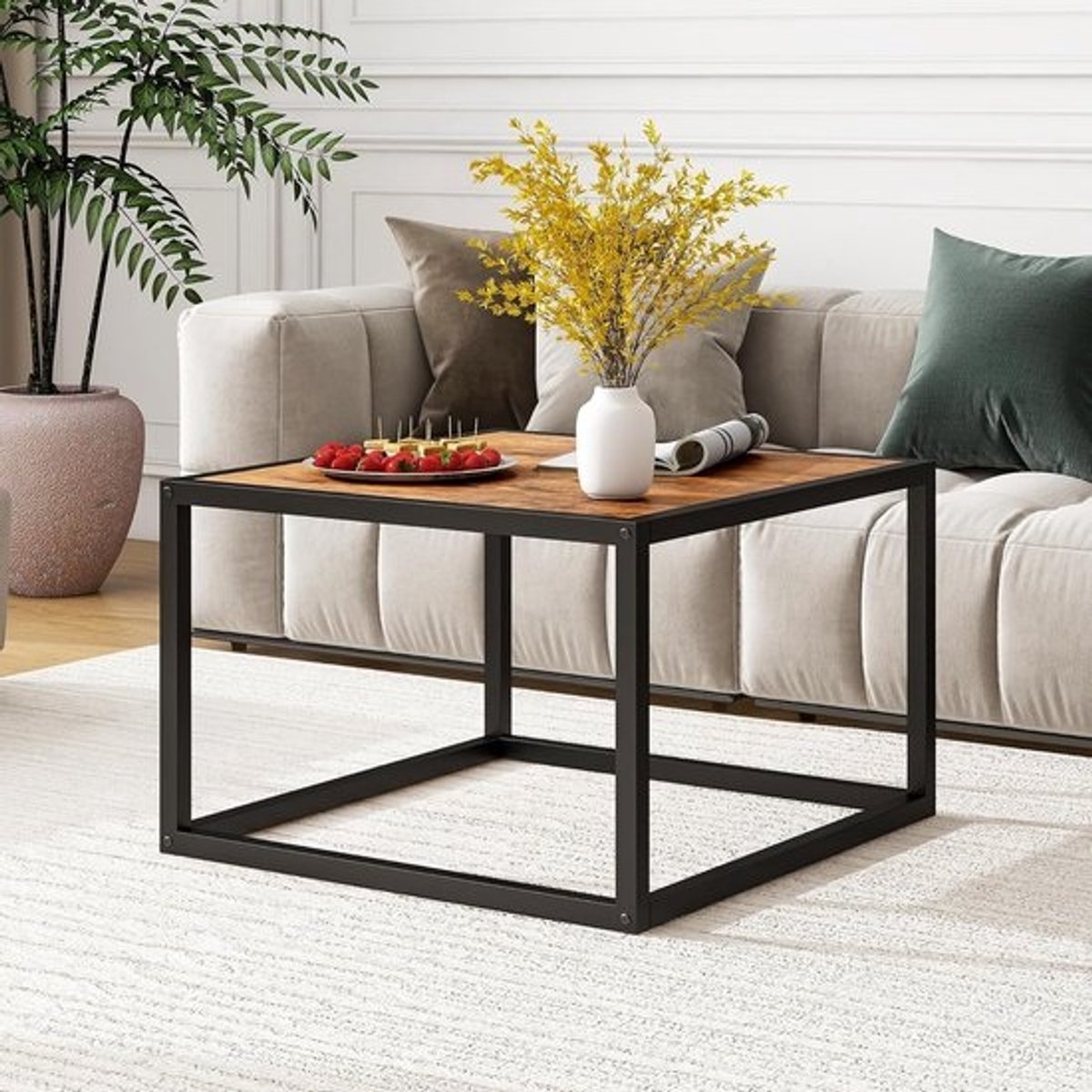 Industriële Salontafel Zwart Hout en Staal - Compact Vierkant Zitkamertafel 60x40x60 cm