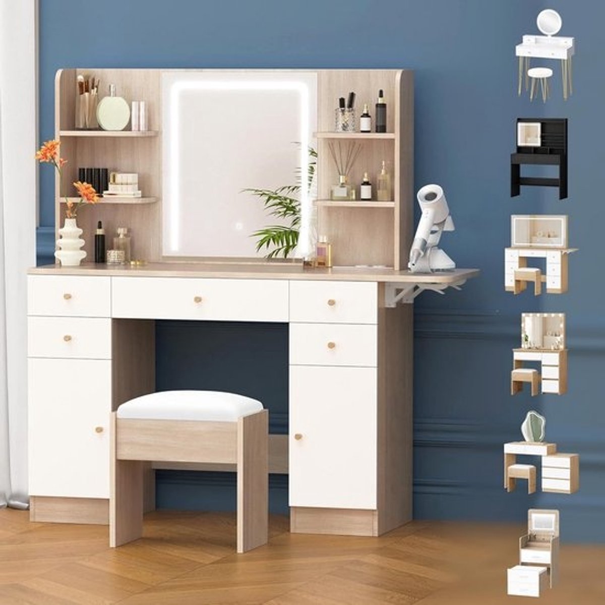 Kaptafel met Spiegel, LED Verlichting, Inclusief Stopcontact en Veel Opbergruimte
