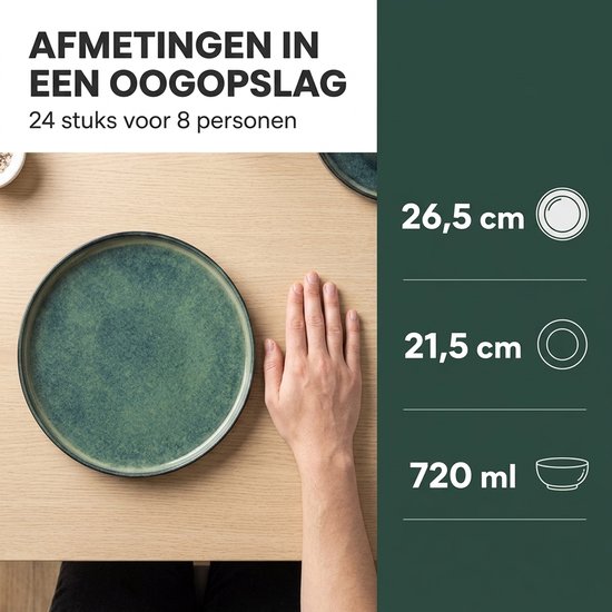 Serviesset 8 Personen - 24-Delig Keramiek - Groen/Zwart Reactief Glazuur - Dinerborden, Dessertborden & Kommen — afbeelding 5