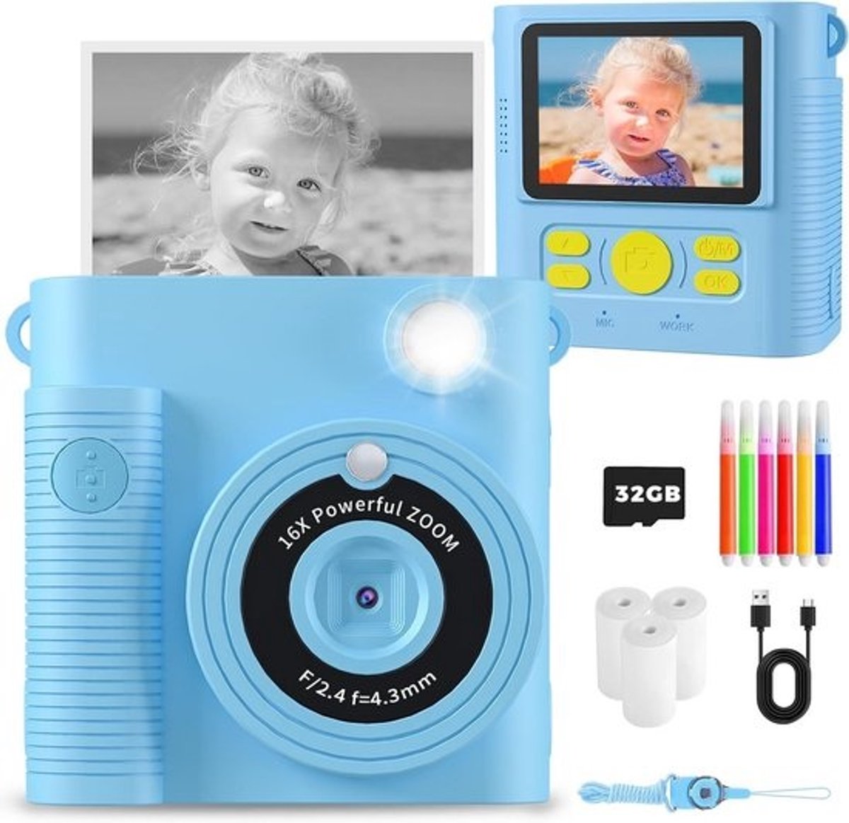 Instant Camera voor Kinderen - Digitale Printcamera 1080P HD met Inktvrij Printen en 32GB SD-kaart