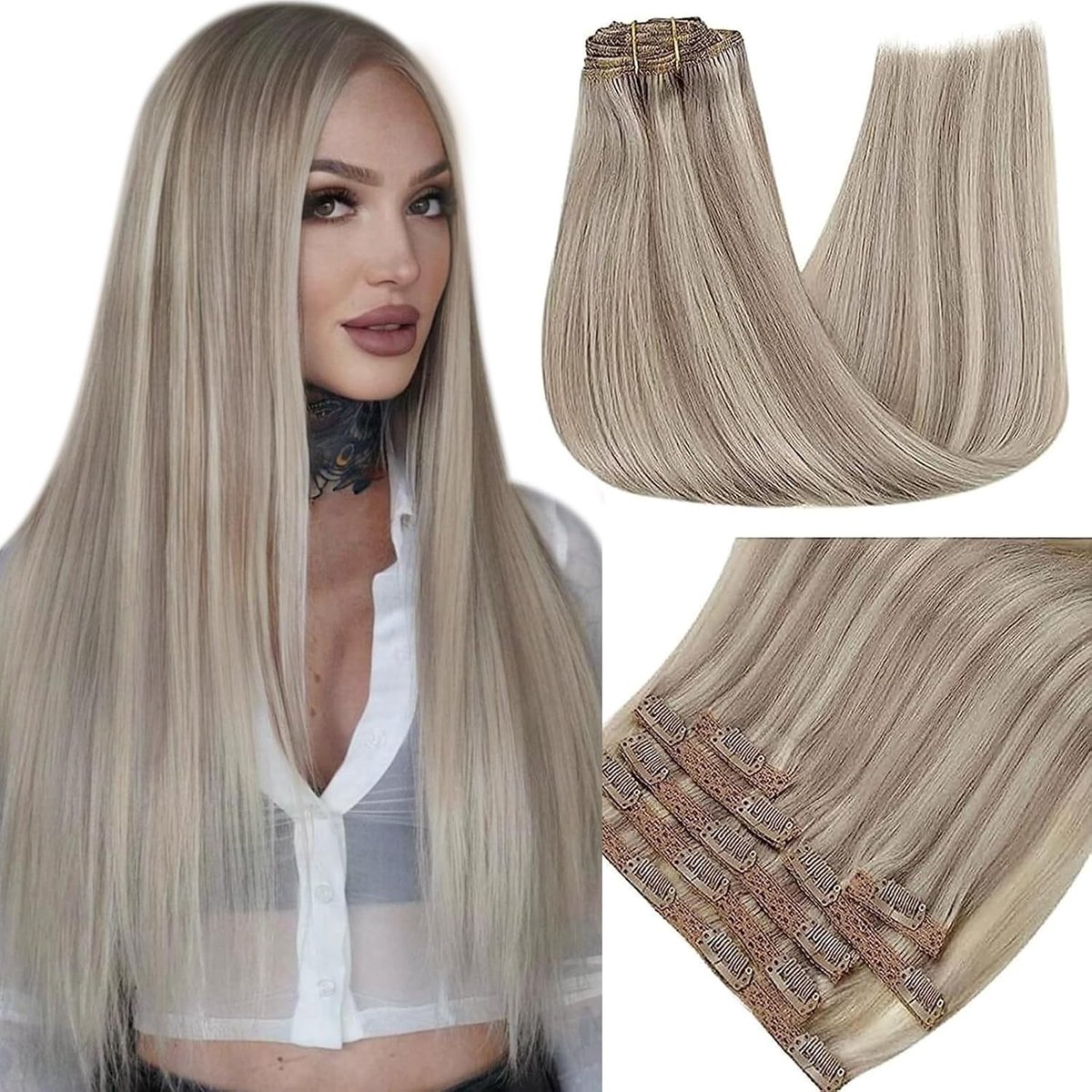 Natuurlijke Clip-in Haarextensions Donkerblond met Platina Blond - Echte Mensenhaar, 10 Inch/25cm, 7 Stuks, 80g, Volume en Lengte voor een Mooi Haarlook