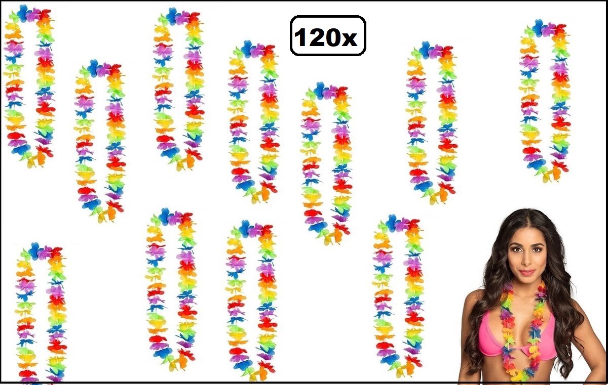 120 stuks Hawai bloemen krans regenboog - Rainbow hawai krans hawaii slinger tropical thema feest festival