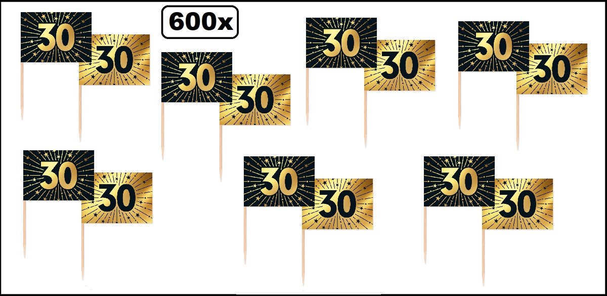 600 stuks Luxe Cocktailprikkers 30 jaar goud/zwart - Vlag prikker Jubileum verjaardag thema feest bruiloft cocktail prikker