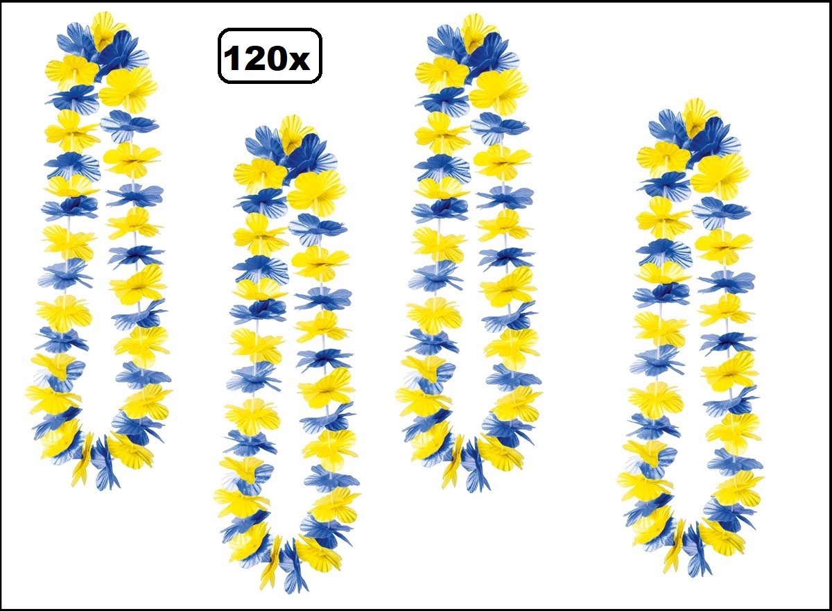 120 stuks Hawai slinger blauw/geel - bloemenkrans - Tropical thema feest hawaii krans