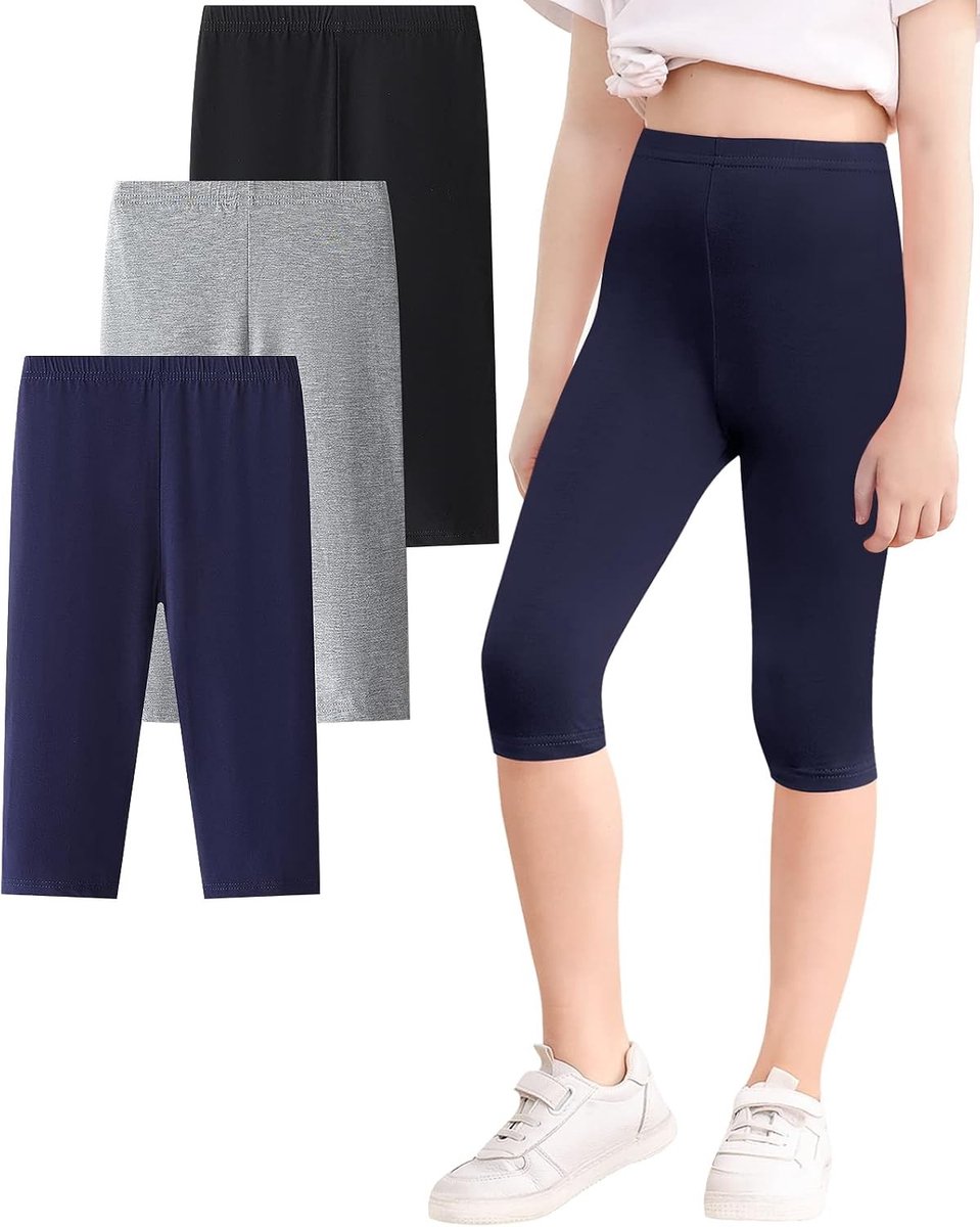 Meisjes Capri Leggings 3/4 Sportbroeken 3-Pack voor de Zomer, Zwart, Marineblauw en Lichtgrijs
