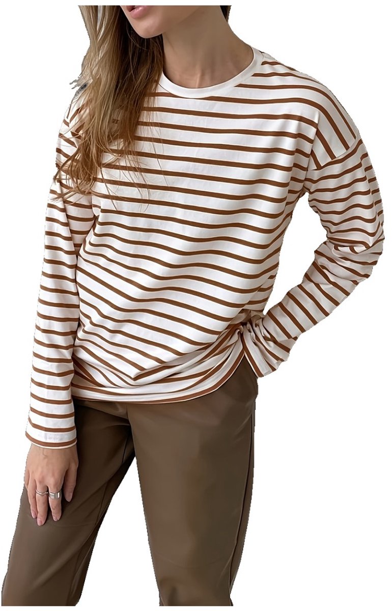 Currero Longsleeve Dames Oversized Lange Mouwen Shirt Roundneck Vrouwen Kleding T-Shirt Kastanjebruin